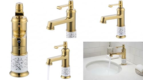 Luxury Gold Brass Bathroom Sink Faucet | Premium Ceramic Basin Mixer Tap with Single Handle | Anti-Rust Deck Mount Hot & Cold Water Tap for Home, Bathroom & Kitchen Vanity