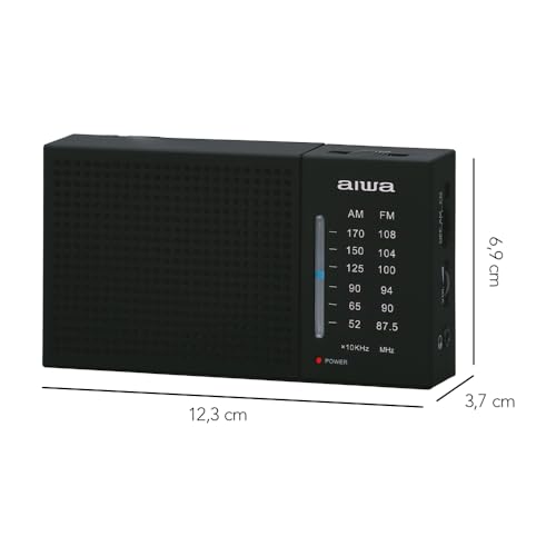 Aiwa Radio Portátil Am/FM Analógica AWFML2, Altavoz 1.5”, Antena Telescópica, Funciona con 2 Pilas AA, Entrada Audífonos 3.5 mm, Compacta y Ligera, Color Negro