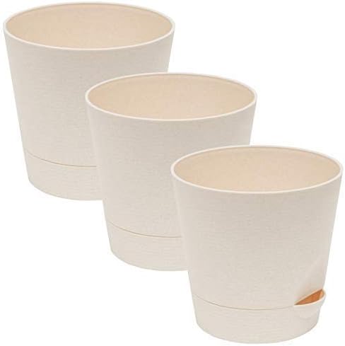 Flower Pots Self Watering Planter Pot Great for African Violet Plants and Flowers, Round Cylinder Pots with Drainage Built-in Saucer Tray, Indoor and Outdoor, Light-Beige Color, 5.5-Inch. Pack of 3.