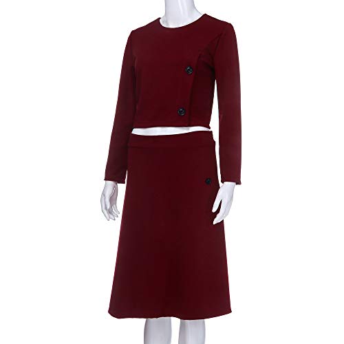 Clearance!HOSOME Women Knee-Length Top Women's Autumn Fashion Solid O-Neck Ｗrist Sleeve Button Skirt Suit - Thumbnail 2