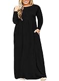 Nemidor Women Long Sleeve Loose Plain Casual Plus Size Long Maxi Dress with Pockets (Black+Sleeve, 26W)