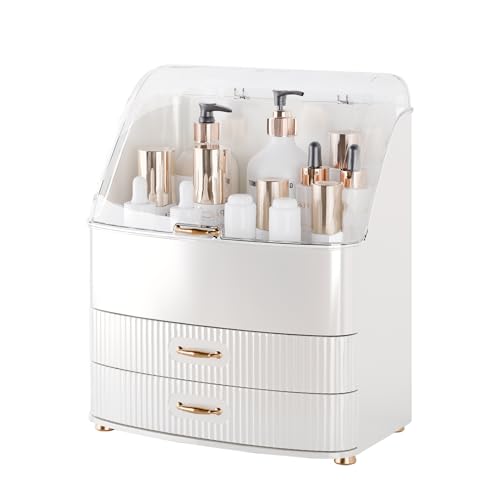 Plukers Makeup Organizer Countertop Vanity with Transparent Lid Drawers Waterproof Dustproof Cosmetic Skincare Bathroom Storage Gift for Women Teens Girls (Whtie)