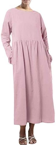 COM1950s Fashion Women Dress O-Neck Cotton and Linen Solid Color Loose Casual Long Sleeve Pocket Long Dress Skirt