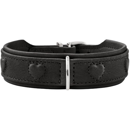 HUNTER hondenhalsband SOHO X LOVE, Kleur: zwart, rundleer, zacht & soepel, gevoerd & vachtvriendelijk, ingestikte harten, licht, voor kleine honden & pups, Made in Germany, Maat: 42