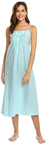 Skylin Women Cotton Sleeveless Nightgown Vintage Style Button Lace Nightdress Victorian Long Sleepwear S-XXL