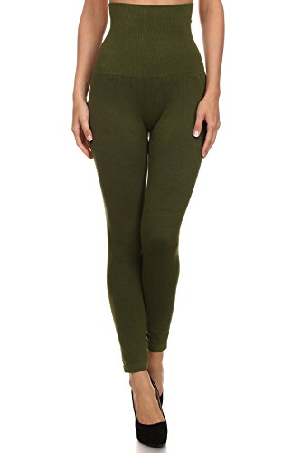 Women's High Waist Compression Top Leggings, French Terry Lining (Army Green, One Size)