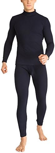 BG Thermal Men's Cotton Long John 2 pcs High Neck Thermal Underwear Set (L, Navy Blue)