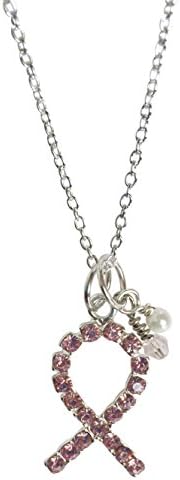 Breast Cancer Awareness Pink Ribbon Rhinestone Pendant Necklace with Beads in Gift Box