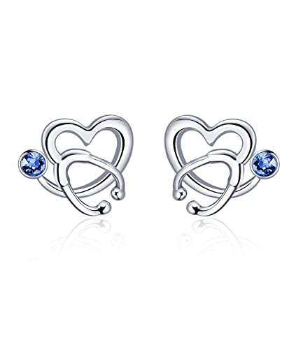 AOBOCO Sterling Silver Stethoscope Earrings Studs Heart Ear Stud Nurse Jewelry with CrystalGift for Doctor Nurse Medical Student Sapphire Blue