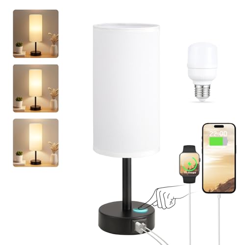 PreeOtti Bedside Lamp Touch Dimmable Table Lamp with USB A+C Charging Function, Linen Fabric Lampshade, Touch Lamp for Bedside Table, Living Room, Bedroom, Children's Room, Office (Includes Bulb)