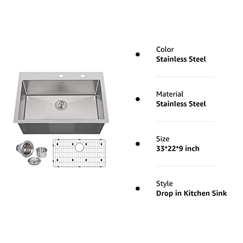 Hykolity 33inch Drop In Kitchen Sink, Single Bowl 2Hole Stainless