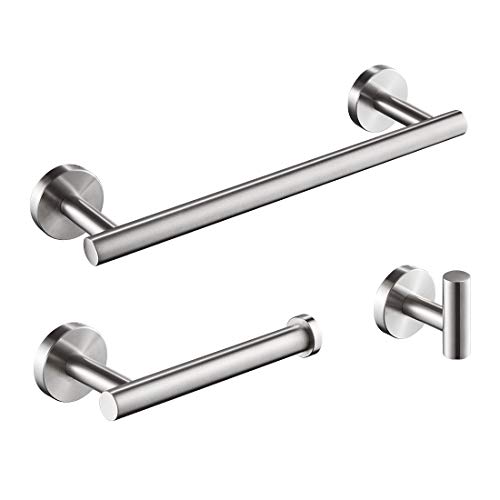 3-Pieces Brushed Nickel Bathroom Accessories Set, SUS304 Stainless Steel Bathroom Set, Includes 12" Hand Towel Bar, Toilet Paper Holder, Robe Towel Hooks, Round Wall Mounted Towel Set