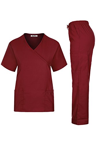 MedPro Women's Solid Medical Scrub Set Mock Wrap Top and Cargo PantsÂ  Wine L