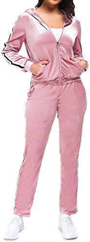 Women's 2 Piece Solid Velvet Tracksuit Set Striped Full Zip-up Hooded Sweatshirts & Pants Set