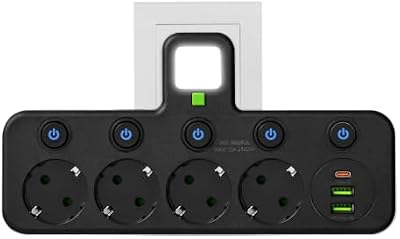 Soquetes Thief 8 em 1 com interruptor independente, luz noturna, ficha Thief flat USB C, múltiplas tomadas 2500W com 4 tomadas AC, fita de parede para escritório, cozinha, preta