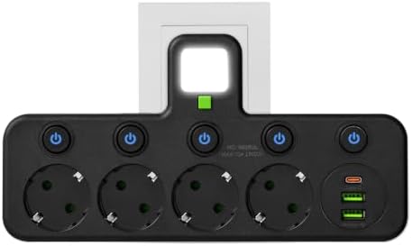 Soquetes Thief 8 em 1 com interruptor independente, luz noturna, ficha Thief flat USB C, múltiplas tomadas 2500W com 4 tomadas AC, fita de parede para escritório, cozinha, preta — foto 1 de 6