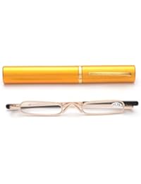 Easy Carry Mini Compact Slim Reading Glassesâ€”Lightweight Portable Readers with w/Pen Clip Tube Case (Gold, 4.00)