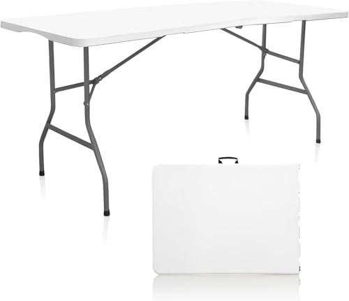 HiEthan 6FT Folding Table, Portable Heavy Duty Plastic Collapsible Card Table with Carrying Handle, Indoor Outdoor Use for Party Picnic Camping Barbecues