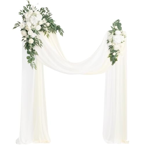 Photo 1 of Ling's Moment Artificial Wedding Arch Flowers Kit Pack of 4, 2pcs Hanging Silk Flowers Arrangement 2pcs Chiffon Drapes Ceremony Spring Fake Rose Arbor Backdrop White Sage Floral Party Outdoor Decor