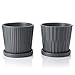 Greenaholics Medium Plant Pots - 6 Inch Grey Cylinder Ceramic Planters with Attached Saucers, Two Line Grain, House and Office Decor, Set of 2