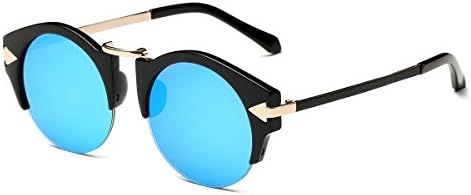 Dasein Vintage Inspired Classic Half Frame Semi-Rimless Round Circle Sunglasses - Black/Blue Lense