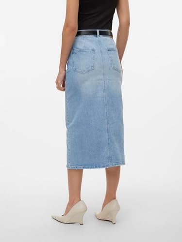 Gonna in Denim Lunghezza al Polpaccio con Spacco 5 Tasche Maxi Skirt, Colore:Azzurro, Taglia:S