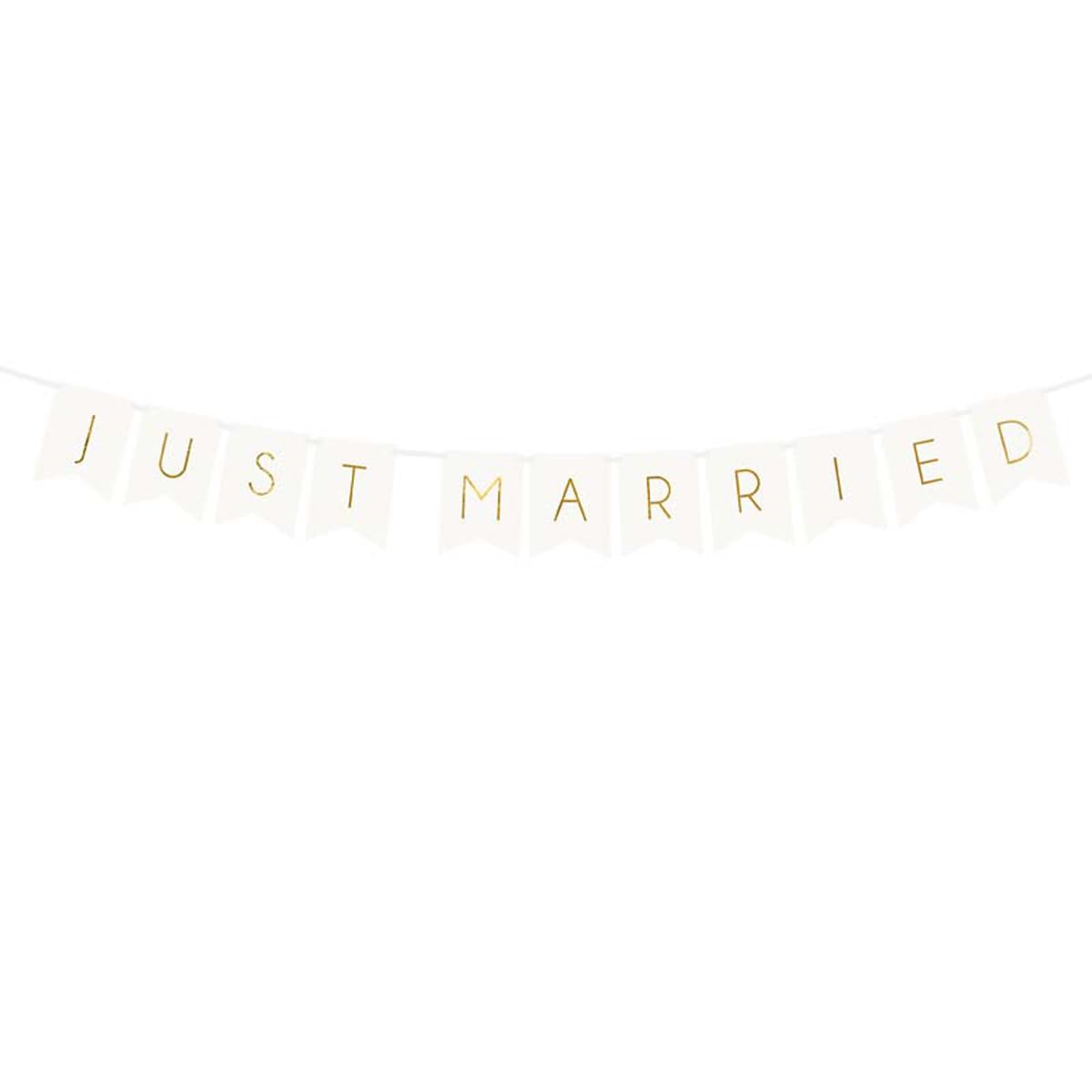 PartyDeco Garland Bunting Banner "Just Married" White and Gold – DIY Wedding Backdrop Decoration, 15 x 155 cm, Ideal for Wall Hanging and Party Decor