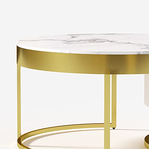 Homary White Round Coffee Table with Storage White Faux Marble Nesting