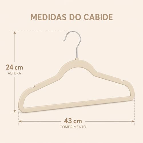 Kit 100 Cabides De Roupas Veludo Premium Preto Bege Slim Antideslizante Adulto Ultra Fino Gancho 360° Calça Camisetas Casacos Resistente (Bege)
