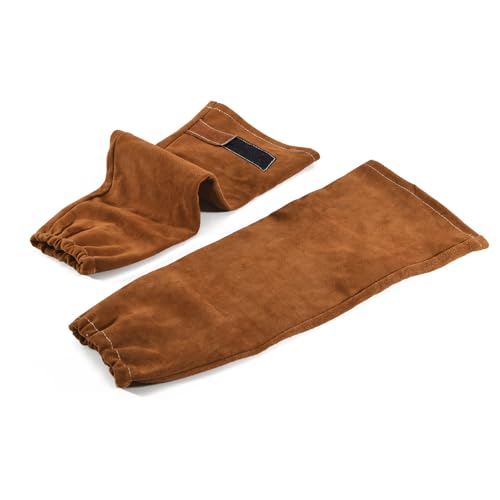 QeeLink Welding Leather Work Sleeves for Men Women Cowhide Fondera Anti-Adhesive Heat Resistant Flame Protective Arm Sleeves Garden Arm Sleeves 1 Pair (Brown)