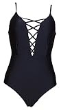 One Pieces Solid Black Pin Up Sexy Women Front Strappy Cross Swimwear-KJQ999-BK1,  Small / 2-4