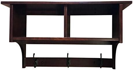Wood Cubby Coat Rack Shelf Wall Mounted, Shaker, 3 Hook, Rustic Cherry Wood, Rich Cherry Stain