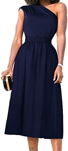 Nashion Womens One Shoulder Dress Formal Evening Elegant Sleeveless Midi Dresses with Pockets