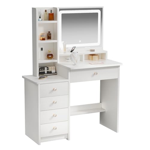 Vanity Desk, Makeup Table with Mirror and Lights, 90cm White Dressing Table, Five Drawers