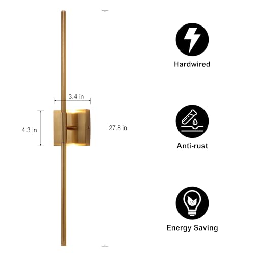 Wall Sconces Set of 2 Brushed Brass Gold LED Integrated 3000k 12W Wall Light Modern Metal Sconces Wall Lighting with Metal Linear Rod Luminaire Mural Indoor Wall Lamp for Bedroom Living Room
