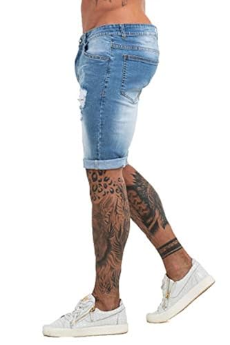 GINGTTO Men Denim Shorts Slim Fit Light Blue Ripped Jean Shorts