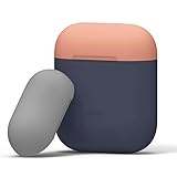 elago Duo Case Designed for Apple AirPods Case, Protective Silicone AirPod Case Cover with 1Body + 2 Color Caps (Jean Indigo + Peach, Medium Grey)