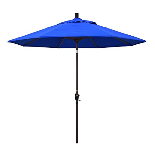 California Umbrella 9' Round Aluminum Market Umbrella, Crank Lift, Push Button Tilt, Bronze Pole, Sunbrella Pacific Blue