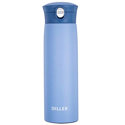 Diller Thermos Water Bottle, Coffee Travel Mug 16 or 8 oz Kids Mini Water Bottle Tumbler with Spout Lid, Leak Proof Flask for Kids and Women Keep 12H Piping Hot & 24H Cold (Blue, 16 oz)