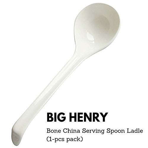 LeBlue 1-Pack Asian Chinese Reusable Dishwasher Microwave Safe 10.6" Big Henry Serving Soup Spoons Ladle, White Bone China Porcelain Ceramics