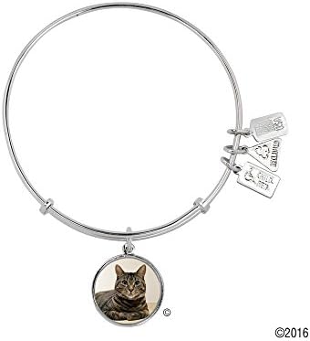 Wind and FirePet Collection Expandable Bangle with Tabby Cat Photo Charm Rhodium Plated Brass