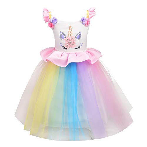 Lito Angels Unicorn Dress Up for Kids Girls, Birthday Fancy Party Outfit Clothes Age 6-7 Years, Style C - Pink Yellow Tulle Skirt