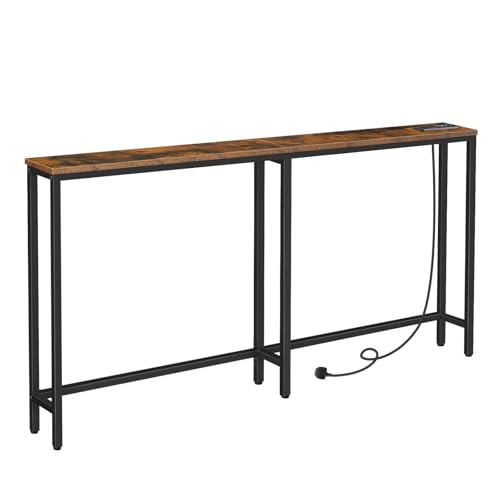 HOOBRO Extra Narrow Console Table with Power Outlets, Skinny Entryway Table for Living Room, 160 cm Slim Behind Couch Table, Thin Sofa Table for Hallway, Foyer, Rustic Brown and Black EBF165KXG01