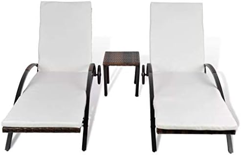 Lotsfun Set of Sun Loungers Outdoor Chair Sunbed with Table Poly Rattan Backrest Adjustable with 2 Wheel Brown with White