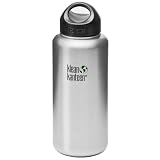 Klean Kanteen Wide Mouth Double Wall Insulated Water Bottle with Loop Cap, Brushed Stainless, 40-Ounce