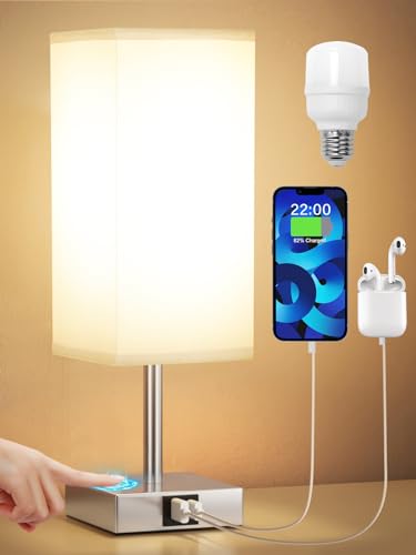 Aooshine Bedside Lamps, Touch Control Table Lamp with USB A+C Charging Ports, Lamps 3 Way Dimmable, for Bedroom Living Room-Grey Fabric Shade (LED Bulb Included)