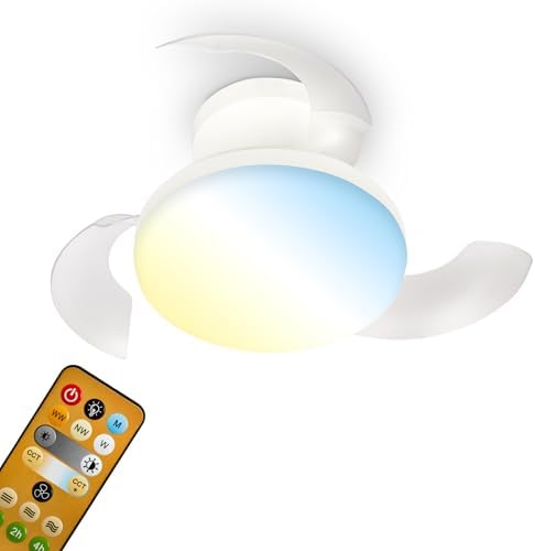 - Plafonnier ventilateur de plafond LED avec éclairage, télécommande, moteur DC silencieux à 3 vitesses, CCT et intensité réglable, pales rétractables, plafonnier ventilateur, 44 cm, blanc