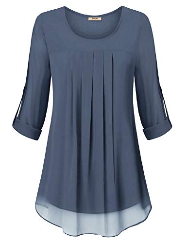 Timeson Womens Blouses and Tops for Work, Junior Long Sleeve Chiffon Blouses Shirts Double Layers Flowy Tunic Top for Office Work Dressy Tops Blue Gray Medium