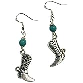 Western Cowboy Boot Charm Earrings with Turquoise Colored Stone Beads on Sterling Silver Earwires