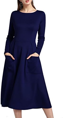 ESDAMIER Women's Solid Casual Long Sleeve Flared Mid Tunic Skater Pocket Dress(Navy Blue, M)